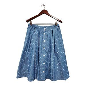 Mod Cloth Women's Blue White Polka Dot Chambray Skirt Button Pocket Casual Sz M